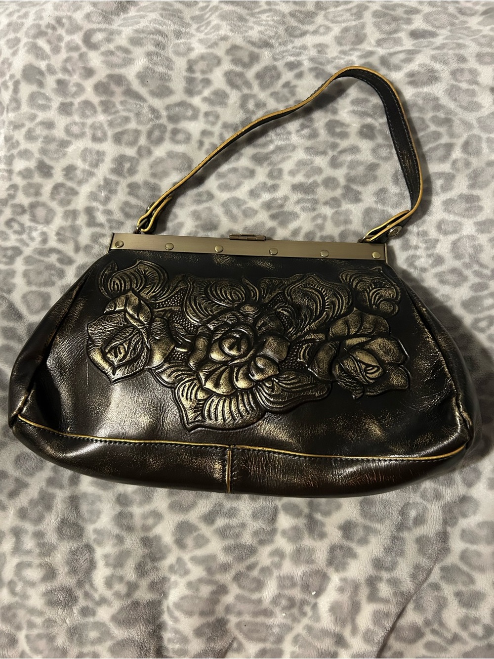 Patricia Nash Black Gold Rose Tooled Leather Ferrara Framed Satchel Purse - Picture 2 of 4